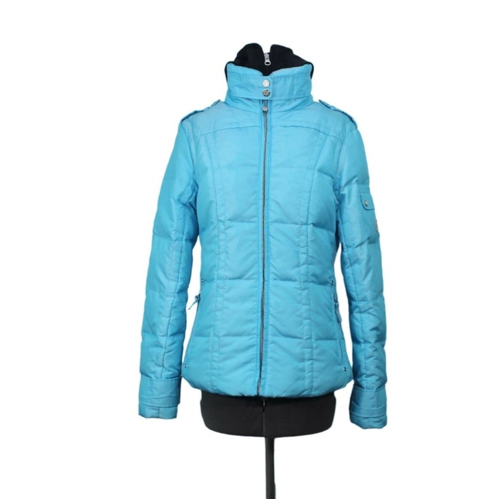 Eddie Bauer‎ women's blue goose down full zip puffer jacket removable hood XS